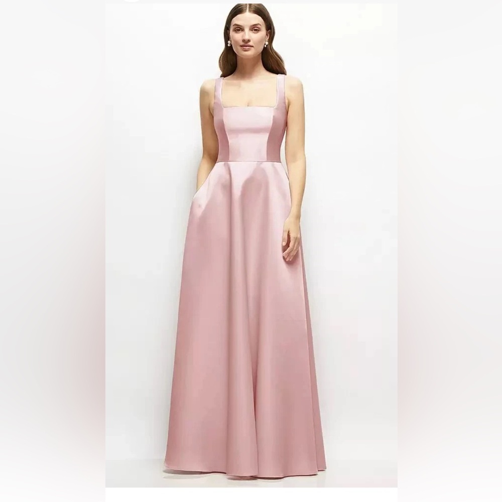Elegant Blush Pink Satin Maxi Dress with Square Neck